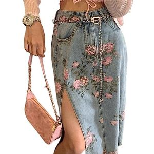 NOGRAX Jean Skirt Streetwear Vintage Flowers Print Long Denim Skirts Summer High Waist Slim Open Split Straight Skirt Jeans Female-A,M