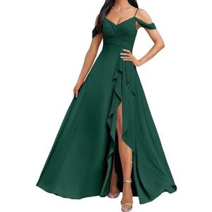 HPPEE Koude Schouder Bruidsmeisjes Jurken met Split Ruches A-lijn Chiffon Formele Avondfeestjurk, Pauw, 32
