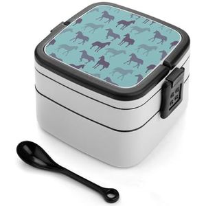 Abstract Paard Patroon Bento Box Met Handvat Alles-in-een Stapelbare 2-Tier Lekvrije Lunch Box Voedsel Containers