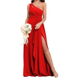 Brautjungfernkleider für Damen zur Hochzeit mit Einer Schulter, A-Linie, formelle Abendkleider Red UK32