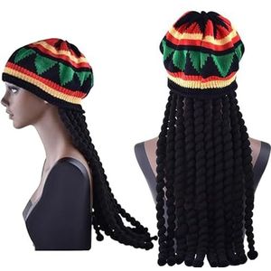 Met Dreadlocks Rasta Set Rasta Hoed met Zwarte Dreadlocks Pruik Caribisch Verkleedkostuum Gevlochten Pruik Cap Maskerade Kostuumaccessoires voor Feesten(17 Inch)