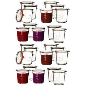 Weck Set van 24 weckpotten, RR 100-500 ml, ronde weckpotten, met deksel, klemmen en inmaakring voor een luchtdichte conservering, ronde rand, inmaakpot