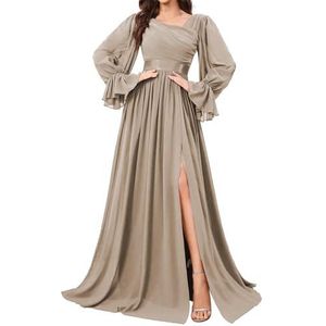 HPPEE Bruidsmeisjesjurken met lange mouwen en split geplooide chiffon formele avondjurk feestjurk, Taupe, 32