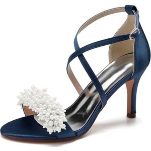 SYDZSW Ivoor satijn trouwschoenen met naaldhak bruidsschoenen met hoge hakken sandalen bruidsschoenen bruid 35-42, Donkerblauw, 35 EU