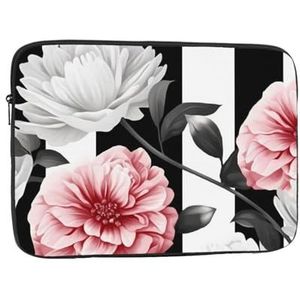 Zwart Wit Gestreepte Bloemen Print Laptop Sleeve Case Waterdicht Schokbestendig Notebook Case Cover Mode Aktetas Tas Lichtgewicht Computer Tas voor Vrouwen Mannen 17 inch