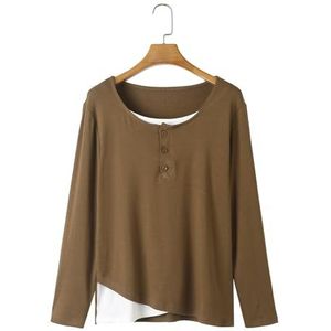 SDFGH Fake 2 stuks Splicing Tee Curve Kleding Dames T-shirt met lange mouwen Plus Size Design Draad Katoen Casual (Color : Brown, Size : XL)