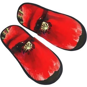 BONDIJ Mooie rode klaproos bloemenprint pantoffels zachte pluche huispantoffels warme instappers gezellige indoor outdoor slippers voor vrouwen, Zwart, one size