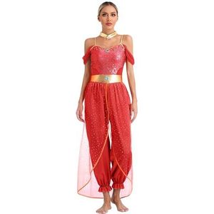 Xnihocha Dames buikdanskostuum Arabische prinses rollenspel edelstenen versierd pailletten mouwloze jumpsuit, Rood, S