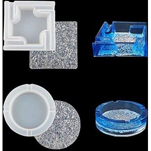 iSuperb 2pcs Asbak Hars Mallen en 2 Gratis Diamanten Basis, Ashtray Resin Silicone Molds, Epoxy Hars Mallen DIY Ronde Vierkant Asbakvorm Sieraden Schimmel Ambachten