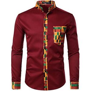 PARKLEES Heren Afrikaanse Dashiki Tribal Graphic Patchwork Lange Mouw Gedrukt Grandad Kraag Shirt, Pzzcl46-bordeaux, M