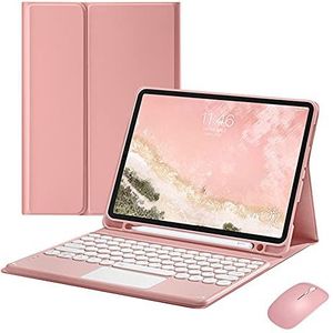 QYiD iPad Toetsenbord Case voor iPad Air 4e Generatie 10.9 2020, Toetsenbord Case Leuke Ronde Key Kleur Toetsenbord Draadloos Afneembare BT TouchPad Toetsenbord, Roze