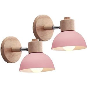 iDEGU 2 stuks wandlampen, moderne binnenwandlamp van hout, metaal, halve cirkel, lampenkap, E27, verstelbare wandspot, vintage lamp voor slaapkamer en woonkamer (2 lampen, roze)