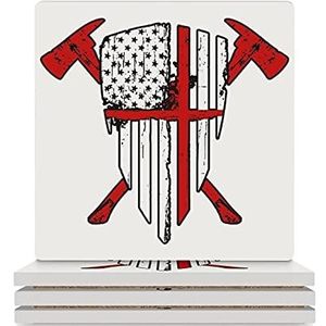 Brandweerman rode lijn Amerikaanse vlag 1 gepersonaliseerde onderzetters voor drankjes/bruiloft/cadeau/nieuw huis grappige onderzetters set van 4/6 vierkant 3,7 inch