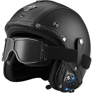 Bluetooth-Motorhelm Retro Open Helm Met Bril 3/4 Lederen Motorhelm Jet ECE Goedgekeurd Halve Helm Voor Mannen En Vrouwen Volwassenen Bromfiets Scooter 1,M(57-58CM)