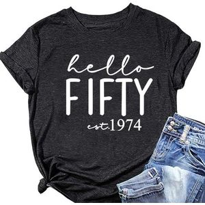 Hello Fifty Est 1974 Vrouwen Shirt 50e Verjaardagscadeau Tops Zomer Grappige Brief Print Tees Korte Mouw Retro T-shirts, Zwart Grijs, S