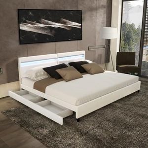 Home Deluxe - LED bed NUBE - wit, 200 x 200 cm - incl. matras, lattenbodem en laden I gestoffeerd bed design bed incl. verlichting