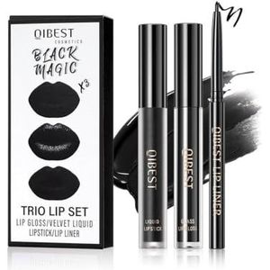 Baorder 3 stuks zwarte matte lipliner en vloeibare lippenstift, vlekset, duurzame matte lipgloss + glanzende lipgloss + lipliner potlood, 3-in-1 lipmake-up kit