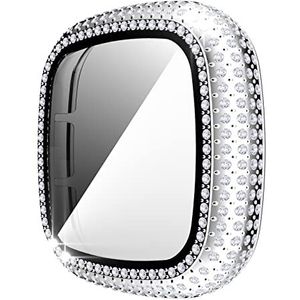 Watch Case BZN Diamant PC + Getemperde glazen horlogekas for Fitbit Versa 3 / Versa/Sense (roze) (zilver) (roségoud) (transparant) (Color : Silver)