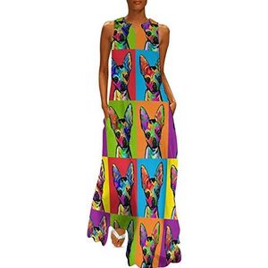 Chihuahua Pop Art dames enkellengte jurk slim fit mouwloze maxi-jurken casual zonnejurk 2XL