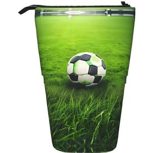 Nbtghga Groen Gras Voetbal Print Potlood Telescopische Klassieke Kunsten Stand Up Potlood Case Organizer Potlood Houder Make-up Tas Gift, Zwart, Eén maat