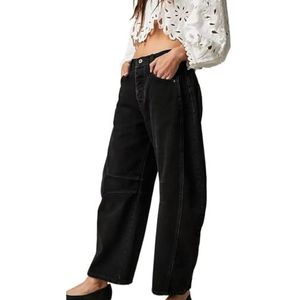 KREZMHLD Dames casual wijde pijpen baggy denim broek midden taille vriendje losse jeans vat streetwear hoog voor vriendjes (kleur: wit, maat: klein), Zwart, XL