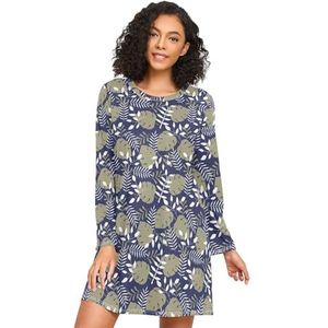 LI ZHI XIN Nachthemd voor dames, lange mouwen, nachthemd voor dames, slaapshirts, nachtkleding, ronde hals, losse grote maten, nachtkleding, XXXL, tropische planten, boombladeren, Meerkleurig, S