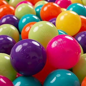KiddyMoon 300 ∅ 7cm kinderballen speelballen voor ballenbad baby plastic ballen made in eu, lichtgroen/geel/turquoise/oranje/donkerroze/paars