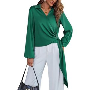2024 Vrouwen Elegante Satijnen Blouses Wrap V-hals Shirts Lange Mouw Stropdas Taille Kantoor Formele Werk Tuniek Pullover Tops (Color : Dark green, Size : L)