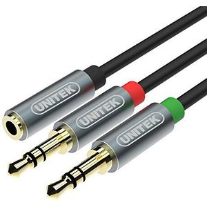 UNITEK Aluminium vergulde 3,5 mm stereo aansluiting op 2 mannelijke Y-splitter AUX-kabel met aparte hoofdtelefoon/microfoon zwart