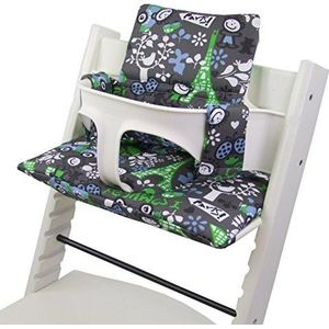 Bambiniwelt Vervangende overtrek, zitkussen, kussenset, stoelverkleiner, compatibel met STOKKE Tripp Trapp voor hoge stoel, kinderstoel, design (grijs/groen, Eiffeltoren)