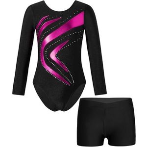 AYWTIUN Turnpakje voor meisjes, turnpakje, bodysuit met lange mouwen, danskleding, set, balletoutfit voor meisjes, kunstschaatsen, jumpsuit, Donker Roze, 4 Years