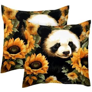 Panda met zonnebloemen, set van 2 vierkante kussenslopen, decoratieve zachte fluwelen kussensloop voor bank, bank, auto, woonkamer, 40 x 40 cm