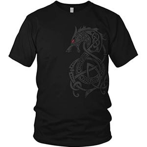 NORTH - Fenriswolf 2.0 - Viking Wolf Fenris God - Northman T-Shirt Men Shirt Viking Runes Script Valhalla Shirt Raven - Geschenken voor Mannen, Kleur:Zwart/Bloedrood, Maat:L