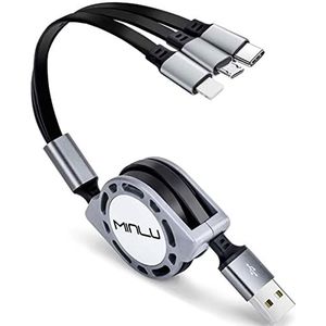 MINLU 1,2m Multi Intrekbare USB Oplaadkabel 3A, 2 stuks 3-in-1 meerdere USB-oplaadkabel met type C/micro-USB voor telefoon 12 11 Xs/Tablets/Samsung Galaxy/Pixel/Huawei/LG/Xiaomi (Gray)