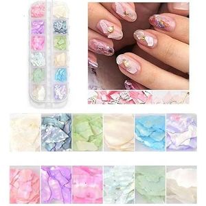 Onregelmatige Abalone Schelp Nail Art Vlokken 12 Grids/doos Natuurlijke Zeeschelp Plakjes Nagelbedels 3D Glanzende Schelp Pailletten Manicure Vlokken-3