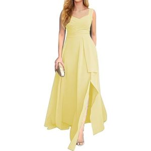 KURFACE Chiffon bruidsmeisjesjurk met split geplooide mouwloze lange avondjurk voor dames, Geel, 32