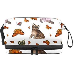 Dubbellaags Cosmetische Tas Kat Vlinder Draagbare Make-up Tas Reizen Organizer Pouch Voor Vrouwen Meisjes Toiletries Tassen, Meerkleurig, 27x15x14 cm/10.6x5.9x5.5 in, Make-up zakje