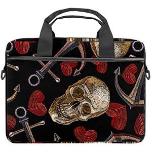 Blauw Hout Daisy Patroon Laptop Schouder Messenger Bag Crossbody Aktetas Messenger Sleeve voor 13 13.3 14.5 Inch Laptop Tablet Beschermen Tote Bag Case, Skull Love Anker Patroon, 11x14.5x1.2in /28x36.8x3 cm