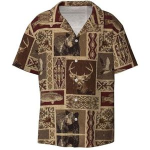 OdDdot Moose Bear hertenprint heren button down shirt korte mouw casual shirt voor heren zomer business casual overhemd, Zwart, 3XL