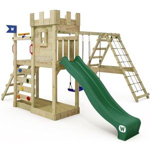 WICKEY Speeltoren ridderkasteel GateFlyer met schommel en groene glijbaan, outdoor kinderklimtoren met zandbak, ladder en speelaccessoires voor de tuin