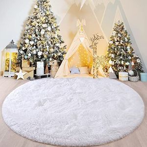 VOFUSHON Slaapkamer shaggy pluche rond tapijt, kleurrijk, batik kleed, kunstwollen, modern binnentapijt, hoogpolig, behaaglijke bont-look, vloerkleed voor bij het bed of de bank (wit, 120 x 120 cm)