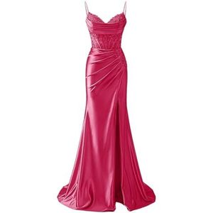 YIANN Satijnen baljurk met spaghettibandjes voor dames, met split, kant, applicatie, zeemeermin, lange baljurk, formele jurk, roze (hot pink), 32
