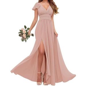 Chiffon bruidsmeisjes jurken met mouw - V-hals Empire taille plooi formele jurk, Blozen, 36