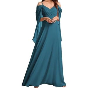 AHERKLL Koude Schouder Bruidsmeisjes Jurken voor Bruiloft Spaghetti Band Chiffon Formele Avond Party Maxi Jurk Lange HAH049, Turkoois, 32