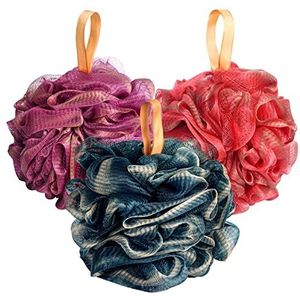 Fishent Badspons Douche Loofahs, 3 Pack Zachte Netto Body Scrubber Sponsbal, 60 g/stks Duurzame Mesh Poef Bad Loofah Spons Body Wash Puff (Rood-Paars-Blauw)