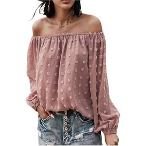 Dames off-shoulder lange print ruches mouw zomer shirt effen getextureerde blouse tops, roze, XL