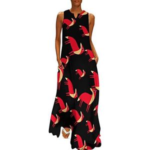 Rode cartoon vos dames enkellengte jurk slim fit mouwloze maxi-jurken casual zonnejurk 3XL