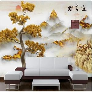 Goud Pijnbomen Eland Bergen Zonsopgang 3D Behang Huis Kantoor Home Eetkamer Bank Slaapkamer Woonkamer TV Achtergrond Muur-350cm×256cm