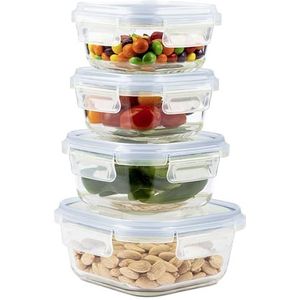 Home Fleek Glazen Vershoudbakjes, Vierkant Glazen Meal Prep Food Container Met Deksel - Ruimtebesparende Glazen Voedselopslag Container Voor Magnetron En Vriezer Meal Prep Containers (Set 4, Blauw)