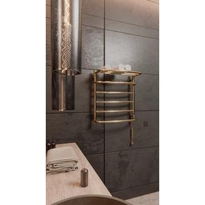 Elna Handdoekradiator, goud, 105 W, 605 x 530 mm, elektrisch met plank, voor thuis, woning en logeerkamer, roestvrij staal, met thermostaat, timer en eco, IP44, wandmontage